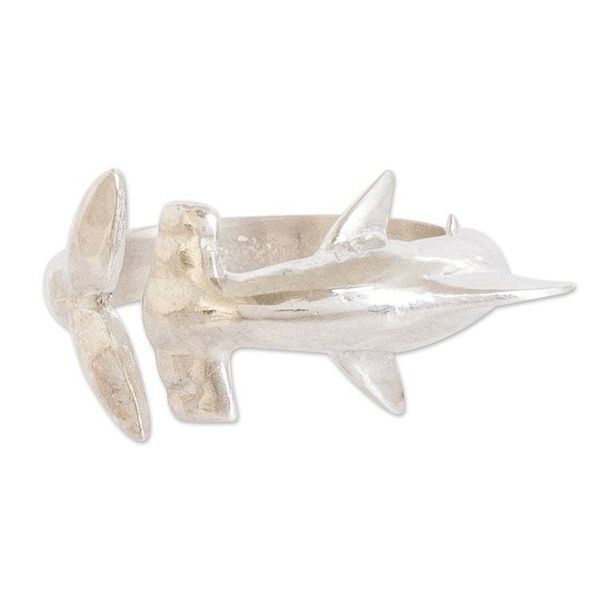 Alternate image for Shark-Themed Silver Wrap Ring in a High Polish Finish Protective Fins