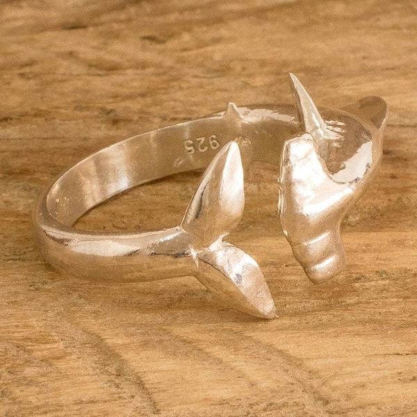 Alternate image for Shark-Themed Silver Wrap Ring in a High Polish Finish Protective Fins