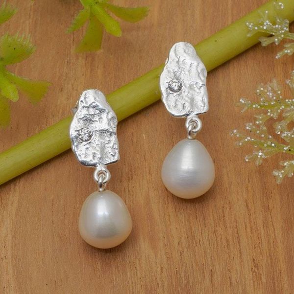 Alternate image for Textured Cultured Pearl Silver Earrings with Cubic Zirconia Sweet Glow