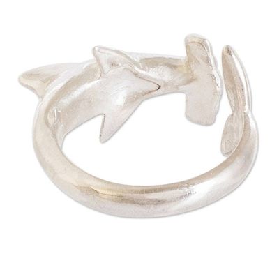 Alternate image for Shark-Themed Silver Wrap Ring in a High Polish Finish Protective Fins