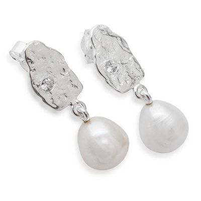 Alternate image for Textured Cultured Pearl Silver Earrings with Cubic Zirconia Sweet Glow