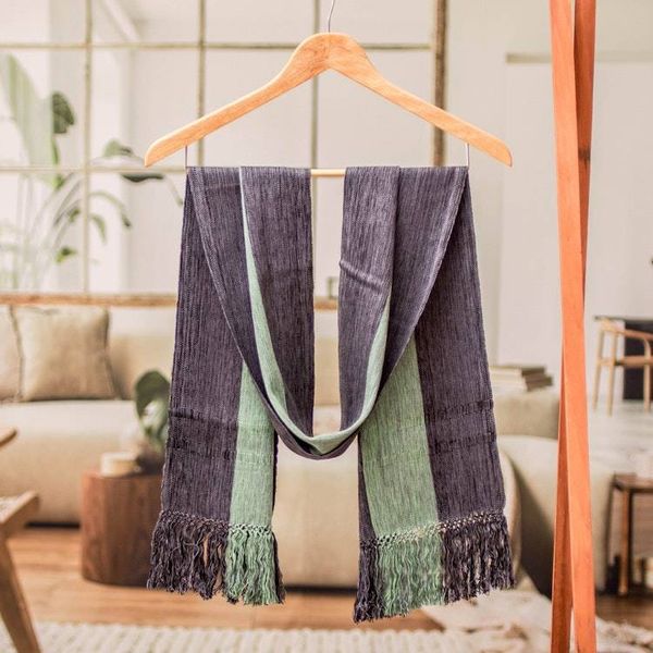 Alternate image for Striped Handwoven Fringed Rayon Scarf in Grey Green Black Exquisite Combination