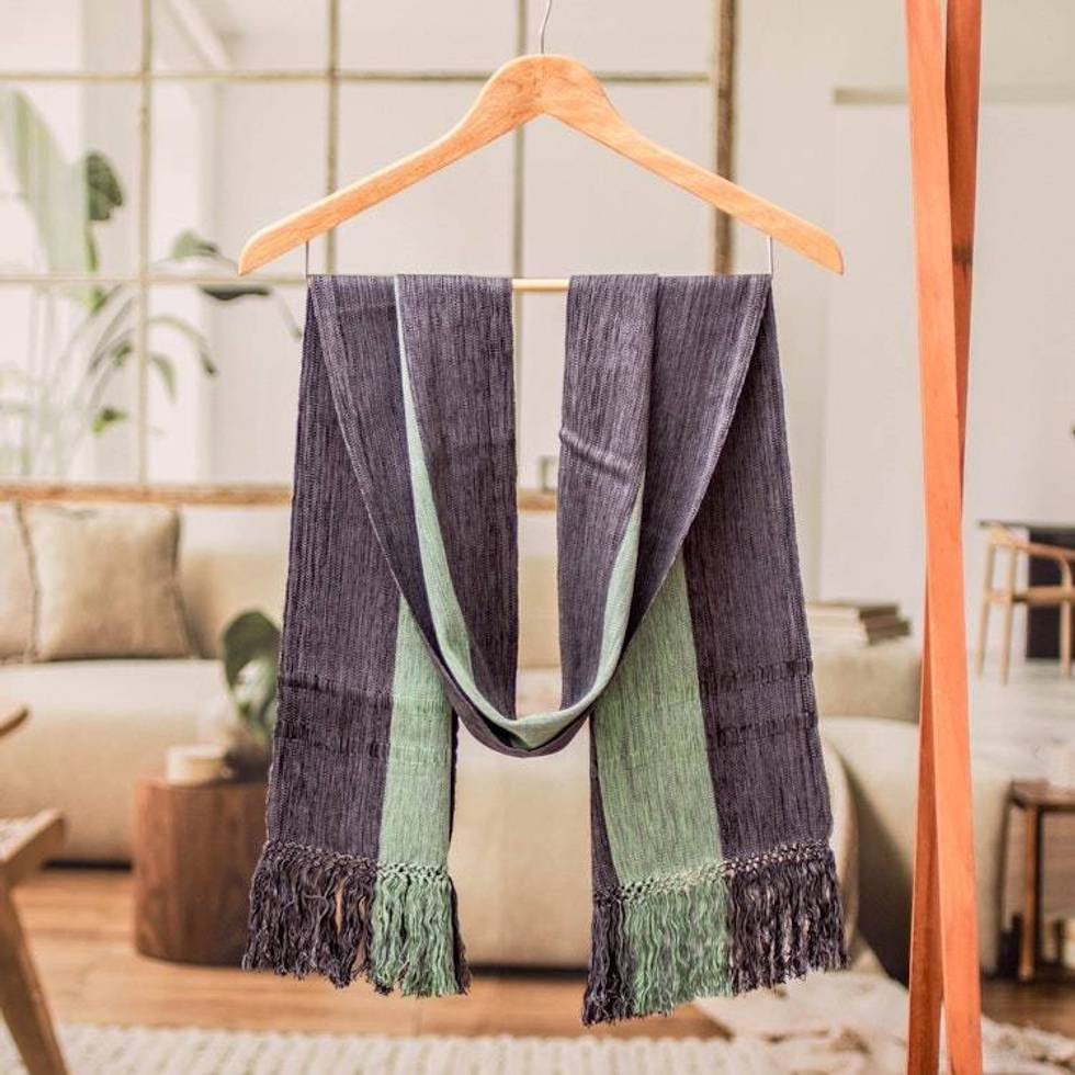 Striped Handwoven Fringed Rayon Scarf in Grey Green Black 'Exquisite Combination'