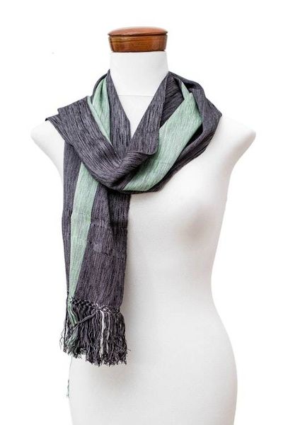 Alternate image for Striped Handwoven Fringed Rayon Scarf in Grey Green Black Exquisite Combination