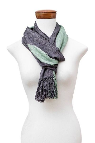 Alternate image for Striped Handwoven Fringed Rayon Scarf in Grey Green Black Exquisite Combination