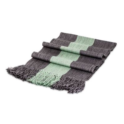 Alternate image for Striped Handwoven Fringed Rayon Scarf in Grey Green Black Exquisite Combination