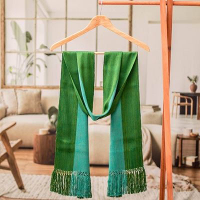Alternate image for Striped Fringed Hand-Loomed Rayon Scarf in 2 Shades of Green Dual Vibrancy