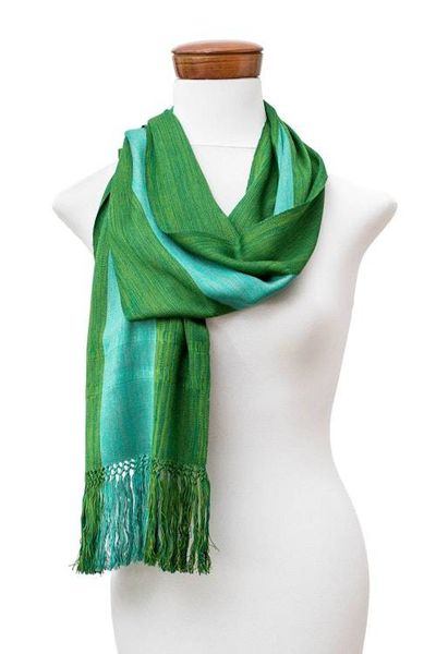 Alternate image for Striped Fringed Hand-Loomed Rayon Scarf in 2 Shades of Green Dual Vibrancy