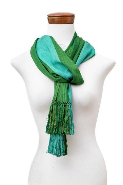 Alternate image for Striped Fringed Hand-Loomed Rayon Scarf in 2 Shades of Green Dual Vibrancy