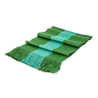 Alternate image for Striped Fringed Hand-Loomed Rayon Scarf in 2 Shades of Green Dual Vibrancy