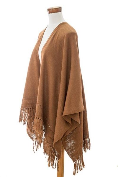Alternate image for Brown Cotton Ruana with Fringes Handloomed in Guatemala Ancestral Ginger