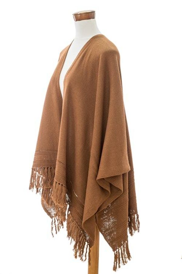 Alternate image for Brown Cotton Ruana with Fringes Handloomed in Guatemala Ancestral Ginger