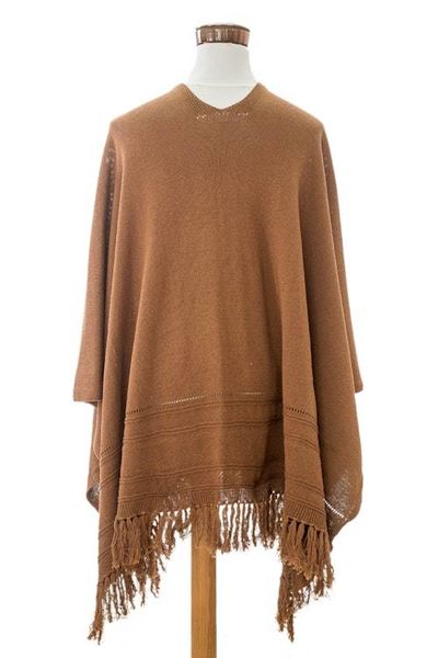 Alternate image for Brown Cotton Ruana with Fringes Handloomed in Guatemala Ancestral Ginger