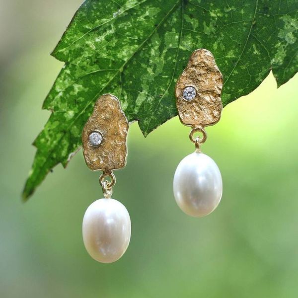 Alternate image for Gold-Plated Textured Cultured Pearl Cubic Zirconia Earrings Soft Glow