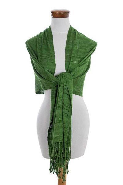 Alternate image for Guatemala Backstrap Handwoven Apple Green Rayon Shawl Bright Apple Green