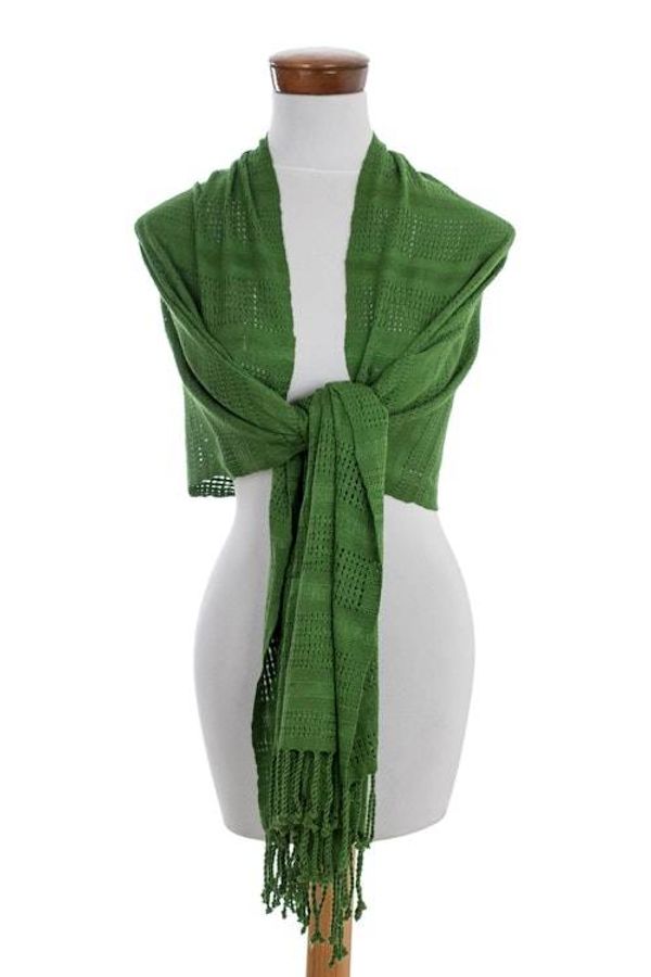 Alternate image for Guatemala Backstrap Handwoven Apple Green Rayon Shawl Bright Apple Green