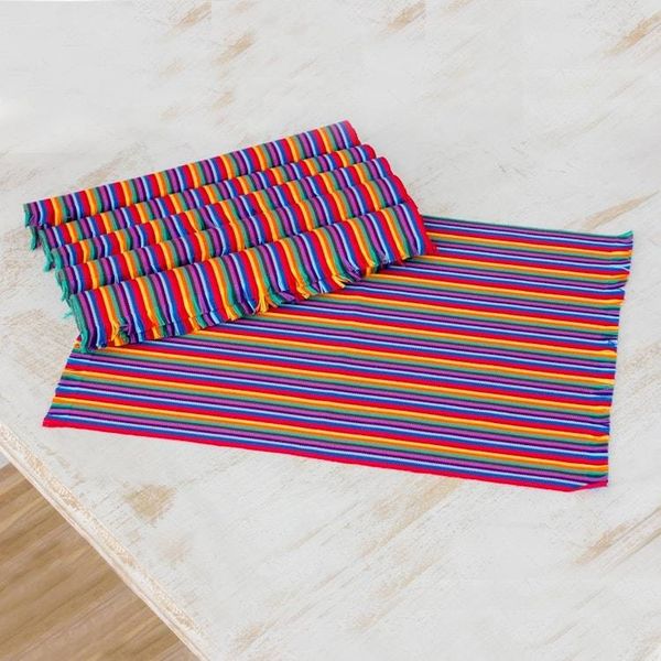 Alternate image for Six Multicolored Striped Cotton Placemats from Guatemala Rainbow Inspiration