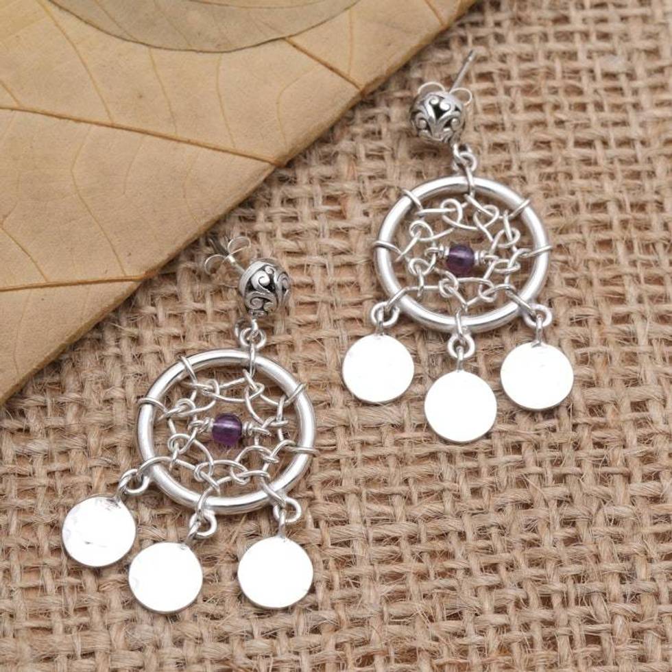 Sterling Silver and Amethyst Dreamcatcher Earrings 'Dream Charmer in Purple'