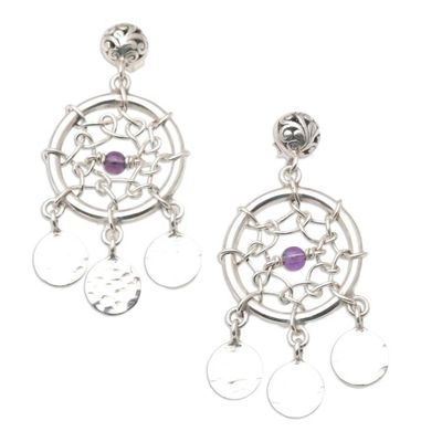Alternate image for Sterling Silver and Amethyst Dreamcatcher Earrings Dream Charmer in Purple
