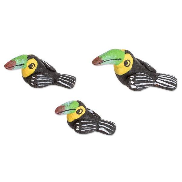 Alternate image for Set of 3 Toucan Ceramic Figurines Handcrafted in Guatemala Toucan Family