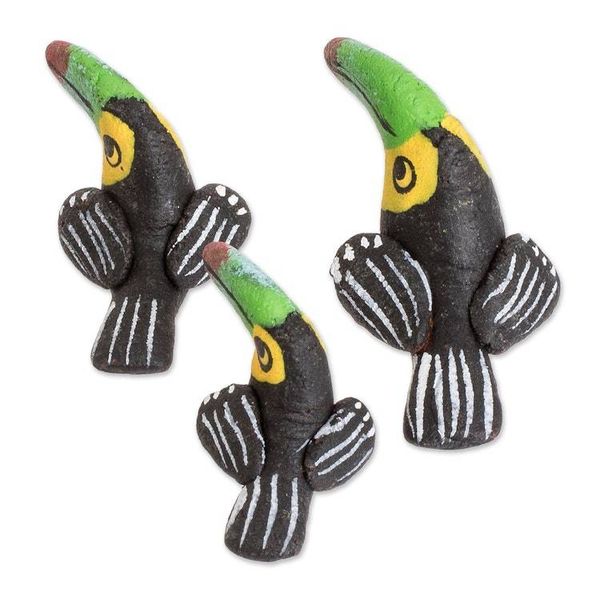 Alternate image for Set of 3 Toucan Ceramic Figurines Handcrafted in Guatemala Toucan Family