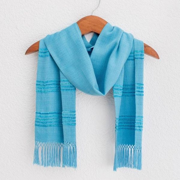 Alternate image for Handwoven Blue and Turquoise Rayon Fiber Scarf Mystic Maya Sky