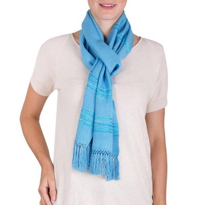 Alternate image for Handwoven Blue and Turquoise Rayon Fiber Scarf Mystic Maya Sky