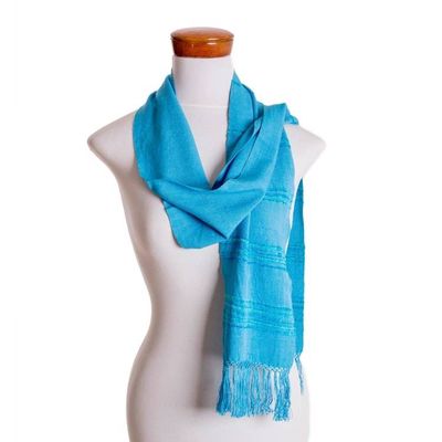 Alternate image for Handwoven Blue and Turquoise Rayon Fiber Scarf Mystic Maya Sky