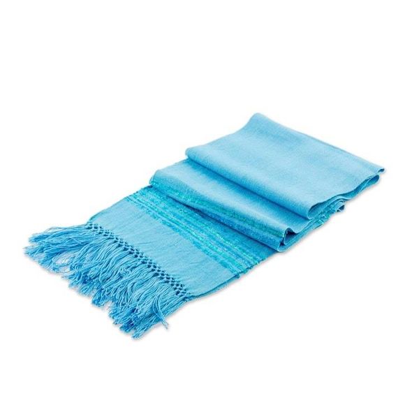 Alternate image for Handwoven Blue and Turquoise Rayon Fiber Scarf Mystic Maya Sky