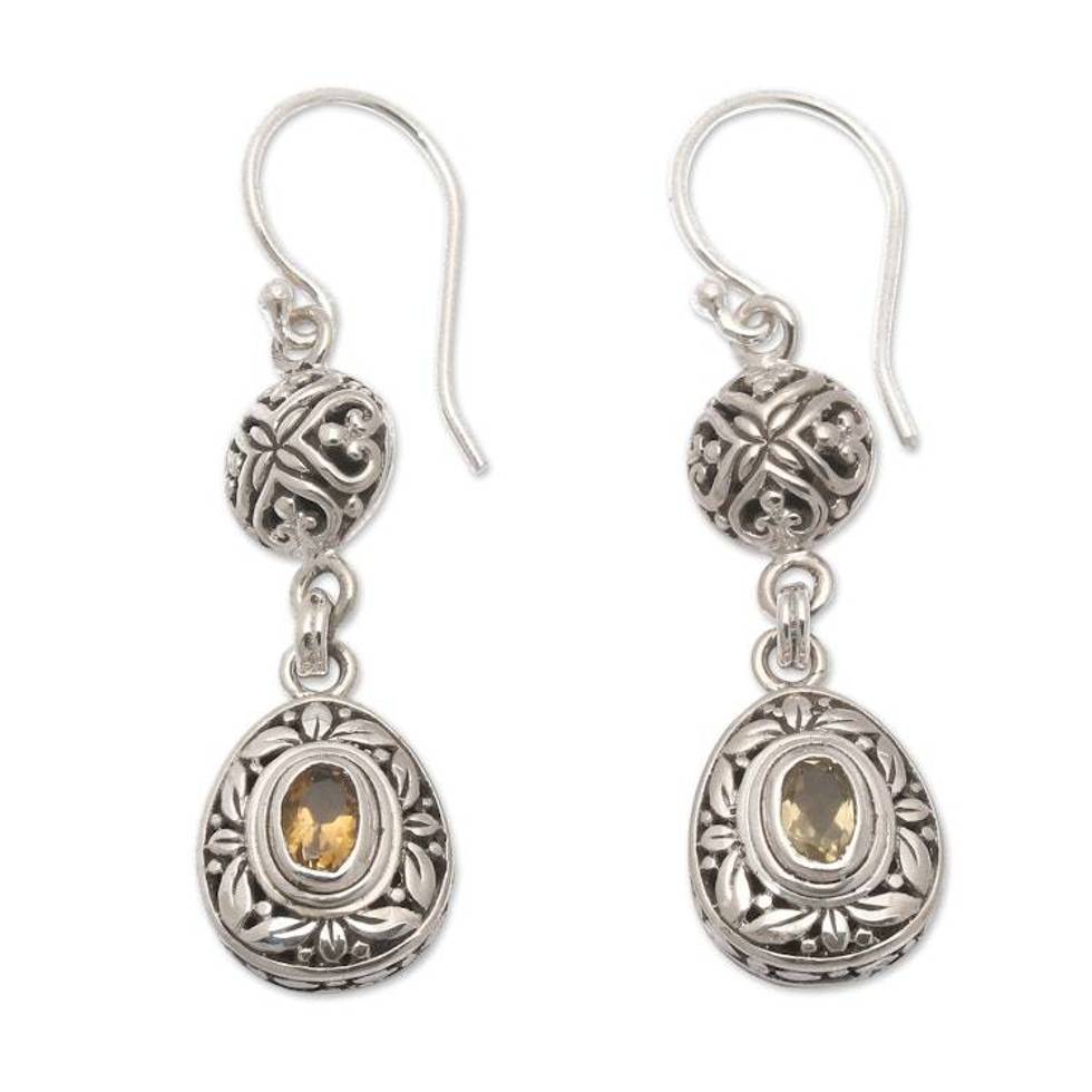 Sterling Silver Citrine Dangle Earrings with Leaf Motifs 'Joyous Summer'