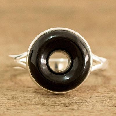 Alternate image for Black Jade Sterling Silver Cocktail Ring from Guatemala Cosmic Eternity