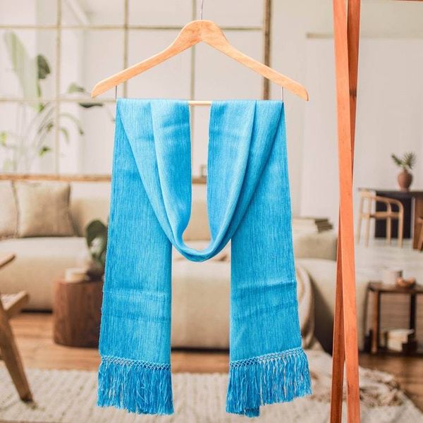 Alternate image for Light Blue Fringed Rayon Scarf Hand-Loomed in Guatemala Lagoon Reflections