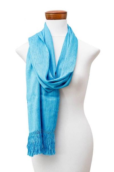 Alternate image for Light Blue Fringed Rayon Scarf Hand-Loomed in Guatemala Lagoon Reflections