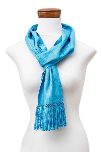 Alternate image for Light Blue Fringed Rayon Scarf Hand-Loomed in Guatemala Lagoon Reflections