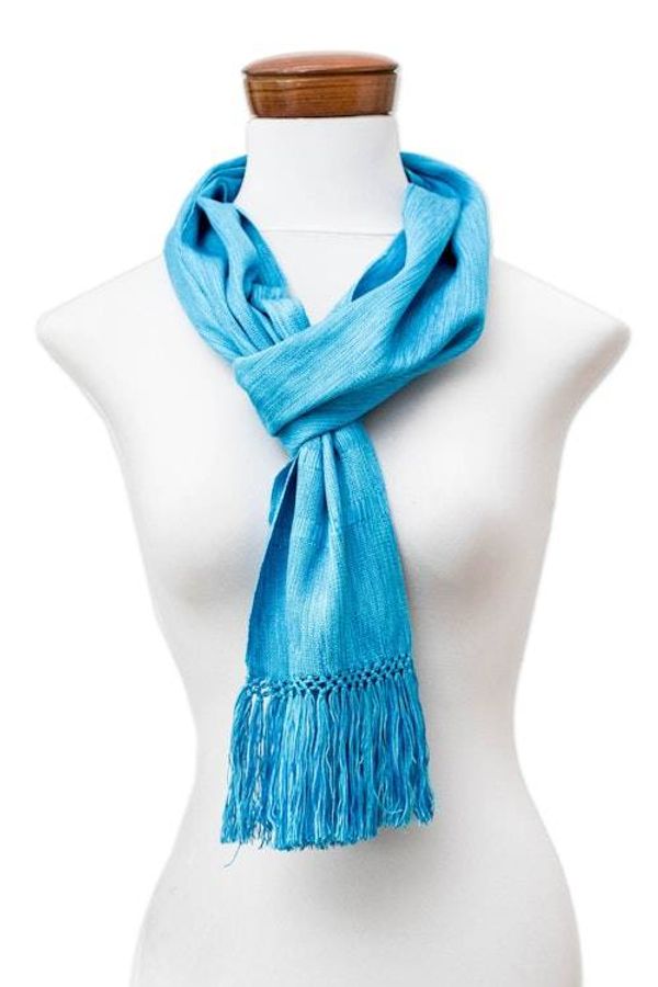 Alternate image for Light Blue Fringed Rayon Scarf Hand-Loomed in Guatemala Lagoon Reflections