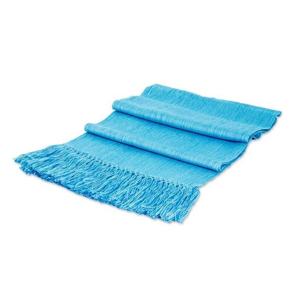 Alternate image for Light Blue Fringed Rayon Scarf Hand-Loomed in Guatemala Lagoon Reflections