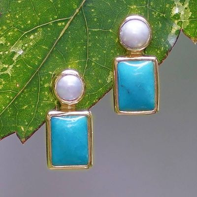 Primary image for Gold-Plated Reconstituted Turquoise Cultured Pearl Earrings Sky Wonder