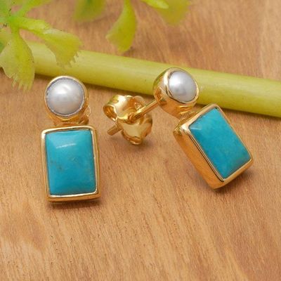 Alternate image for Gold-Plated Reconstituted Turquoise Cultured Pearl Earrings Sky Wonder