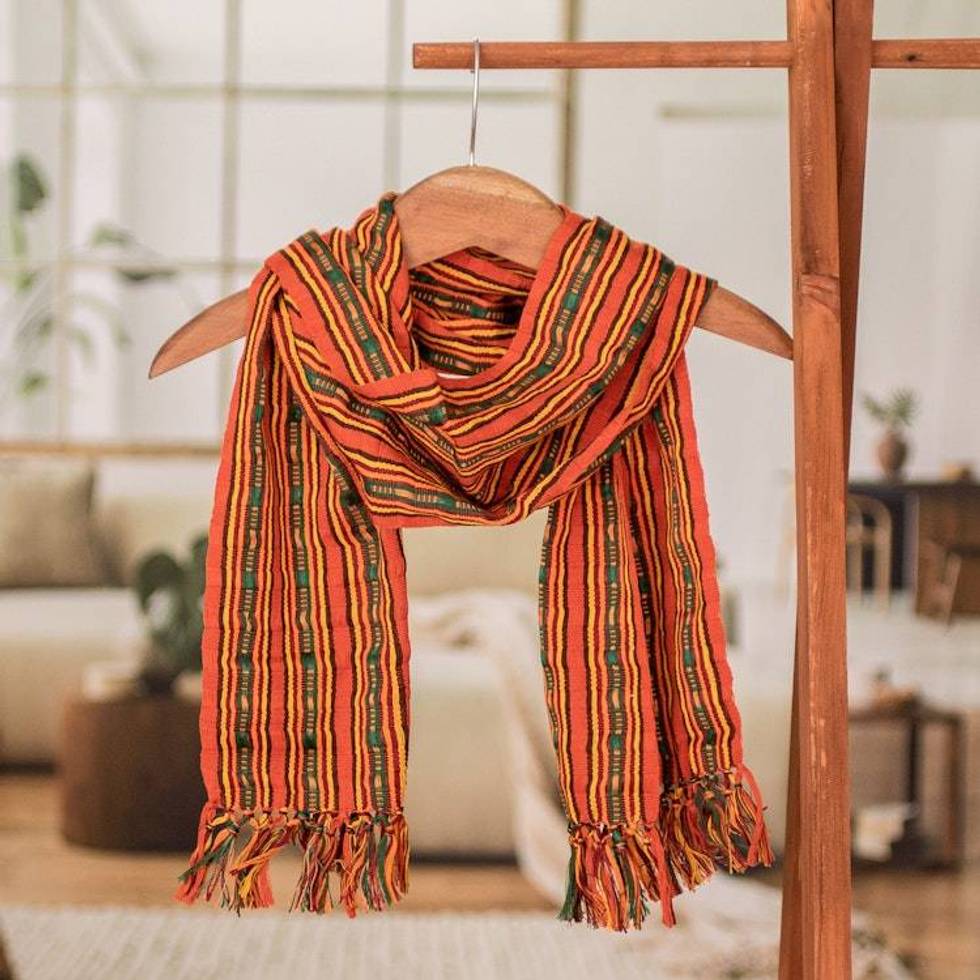 Backstrap Loom Woven Cotton Scarf from Guatemalan Artisan 'Summer Rays'