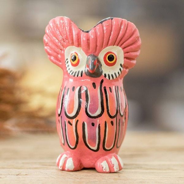 Alternate image for Ceramic Owl Figurine in Pink Hand-Painted in Guatemala Sweet Tecolote