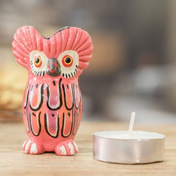 Alternate image for Ceramic Owl Figurine in Pink Hand-Painted in Guatemala Sweet Tecolote
