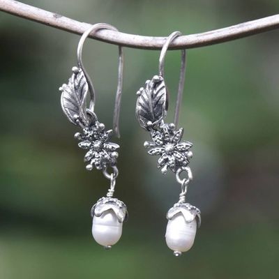 Primary image for Sterling Silver Floral Dangle Earrings with Cultured Pearls Chic Lily