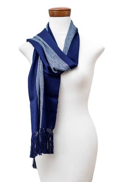 Alternate image for Hand-Woven Striped Fringed Rayon Scarf in Blue Shades Dual Elegance