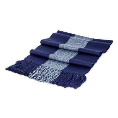 Alternate image for Hand-Woven Striped Fringed Rayon Scarf in Blue Shades Dual Elegance