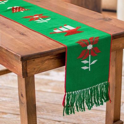 Alternate image for Christmas-Themed Handwoven Fringed Green Cotton Table Runner Green Christmas Joy