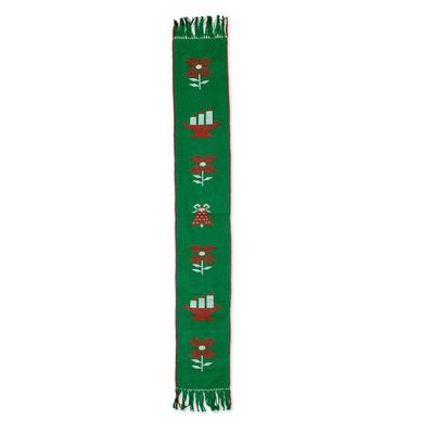 Alternate image for Christmas-Themed Handwoven Fringed Green Cotton Table Runner Green Christmas Joy