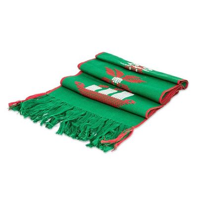 Alternate image for Christmas-Themed Handwoven Fringed Green Cotton Table Runner Green Christmas Joy