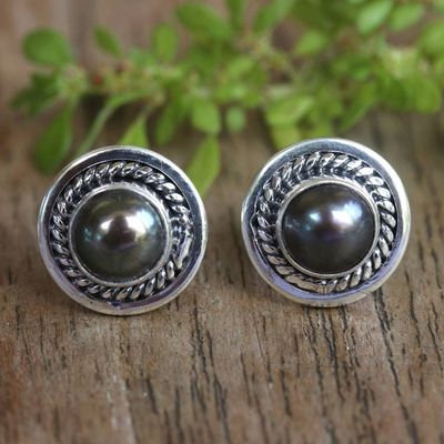 Primary image for Sterling Silver Stud Earrings with Brown Cultured Pearls Perfect Shield