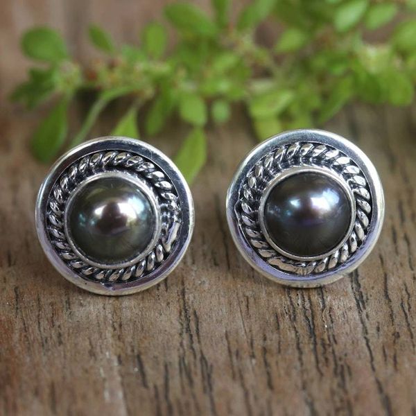 Alternate image for Sterling Silver Stud Earrings with Brown Cultured Pearls Perfect Shield