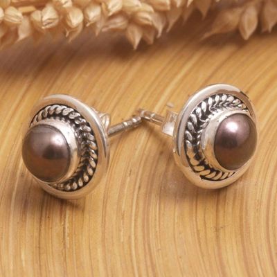 Alternate image for Sterling Silver Stud Earrings with Brown Cultured Pearls Perfect Shield